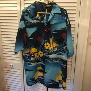 Koman men hawaiian shirt, blue tropical landscape,